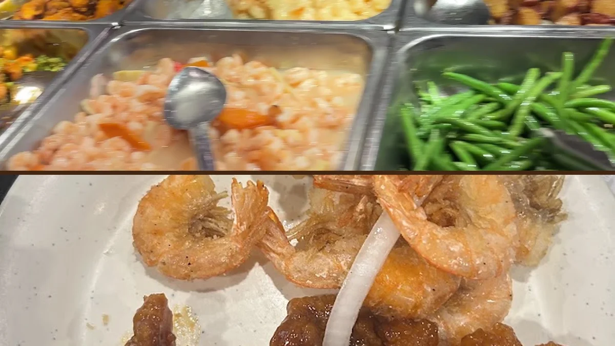 Buffet trays with Chinese dishes and sushi.