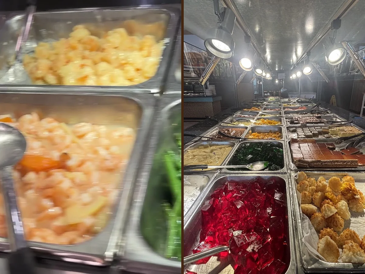 Salad bar and hot dishes on display.