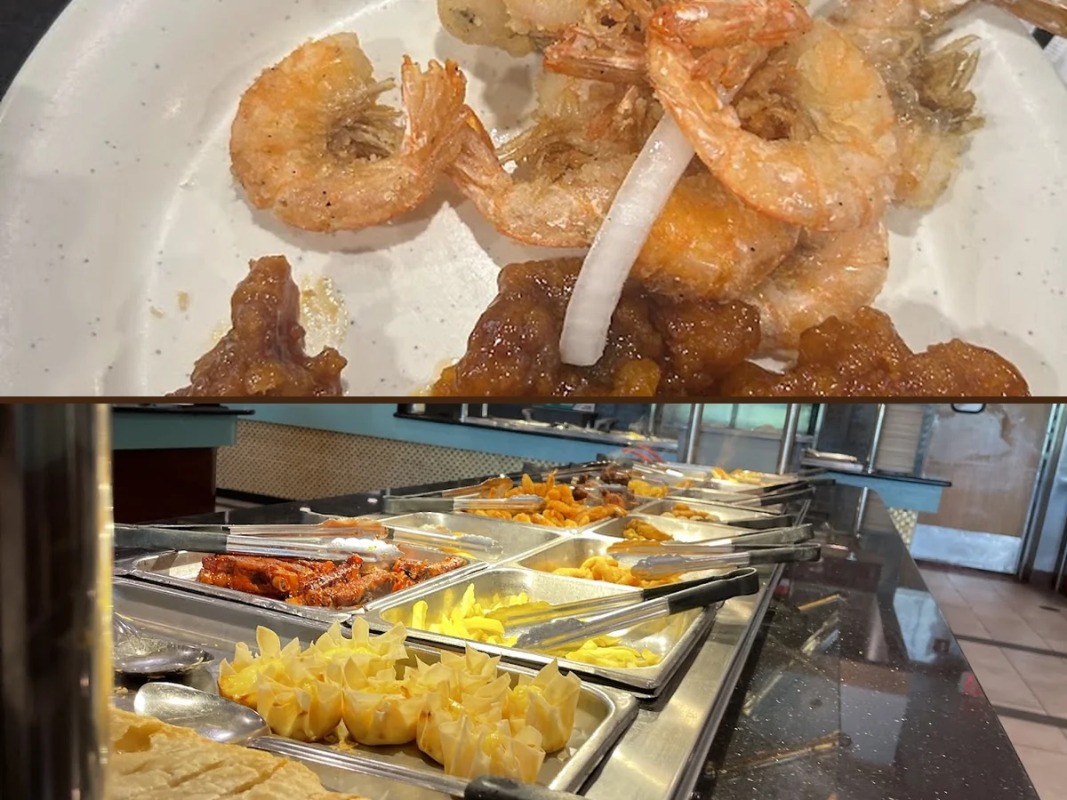 Buffet trays with Chinese dishes and sushi.